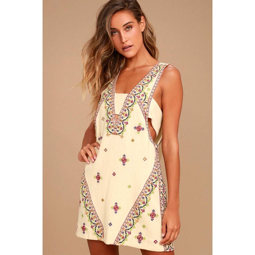 Free People Never Been Beige Embroidered Mini Dress Size Small